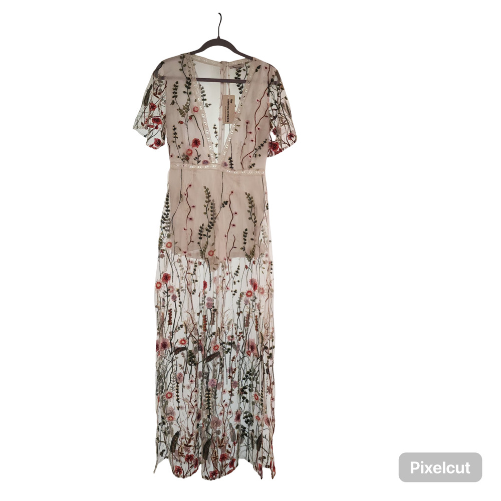 NWT The Clothing Company Maxi Dress sz L Sheer Floral Embroidered Tulle Boho
